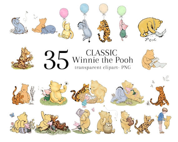 Classic Winnie the Pooh and Friends Clipart, Digital 35 Bundle Clip Art, Transparent PNG, DIY Baby Shower Birthday Invitation Party Decor