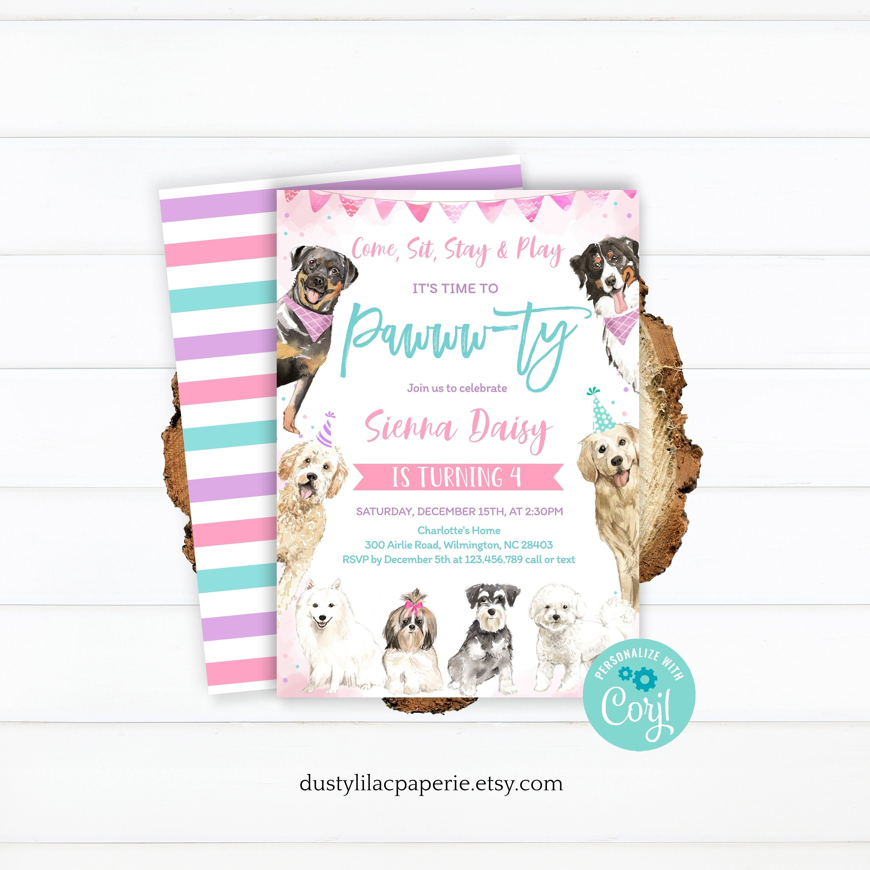 Lets Pawty Birthday Invitation Editable Girl Puppy Dog 