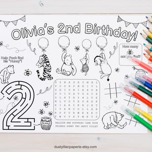 Winnie the Pooh 2nd Birthday Party Activity Sheet, Editable Classic Pooh Bear Coloring Page, Kids Table Placemat Personalized Party Favor