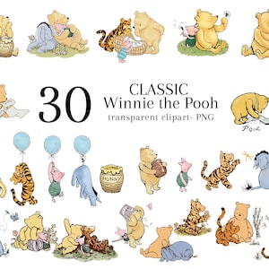 Classic Winnie the Pooh and Friends Clipart, Digital 30 Bundle Clip Art, Transparent PNG Blue Boy Baby Shower Birthday Invitation Decoration