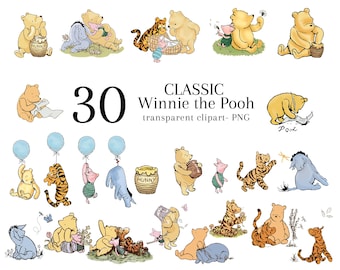 Classic Winnie the Pooh and Friends Clipart, Digital 30 Bundle Clip Art, Transparent PNG Blue Boy Baby Shower Birthday Invitation Decoration