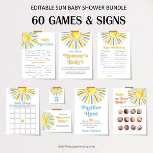 Paquete de juegos editables para baby shower con tema de sol, paquete de juegos para baby shower con tema azul Here Comes The Son, plantilla de tarjetas de juego imprimibles Boho Sunshine DLPB157