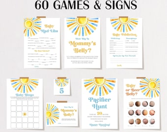 Bearbeitbares Sun Baby Shower Game Bundle, hier kommt der Sohn Blue Baby Shower Game Pack, Boho Sunshine Printable Game Cards Vorlage DLPB157