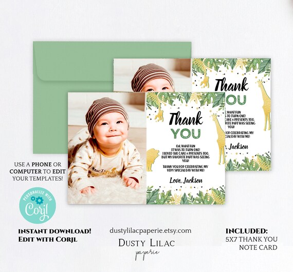 Safari Thank You Card Template Editable 1st Birthday Photo Etsy