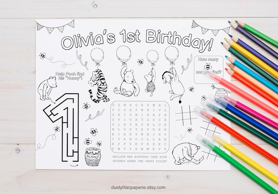 Winnie the Pooh 1st Birthday Party Activity Sheet, Editable Classic Pooh Bear Coloring Page, Kids Table Placemat Personalized Party Favor