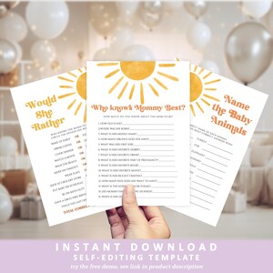 Editable Sun Baby Shower Game Bundle, Here Comes The Son Baby Shower Game Pack, Boho Sunshine Printable Game Cards Template DLPB157 image 2