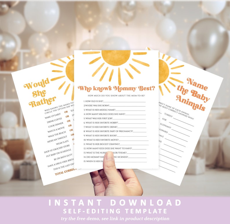 Editable Sun Baby Shower Game Bundle, Here Comes The Son Baby Shower Game Pack, Boho Sunshine Printable Game Cards Template DLPB157 image 2