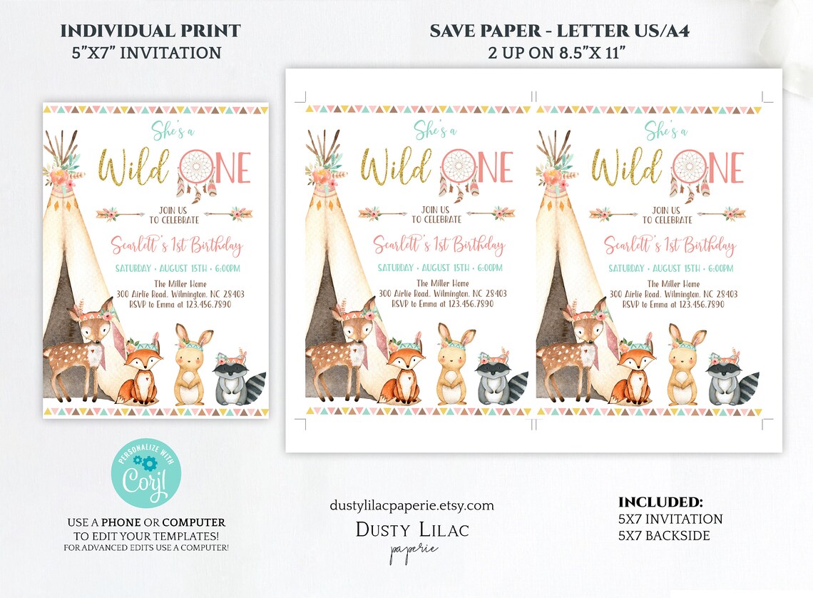 Tribal Wild One Birthday Girl Invitation Editable Woodland - Etsy