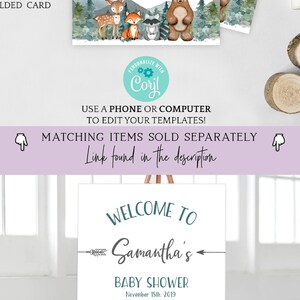 Puede incluir: Un cartel de bienvenida para un baby shower con tem&aacute;tica de bosque. El cartel presenta una ilustraci&oacute;n de acuarela de un ciervo, un zorro, un mapache y un oso frente a una cordillera. El texto dice "Bienvenido a la fiesta de bienvenida al beb&eacute; de Samantha el 15 de noviembre de 2019".