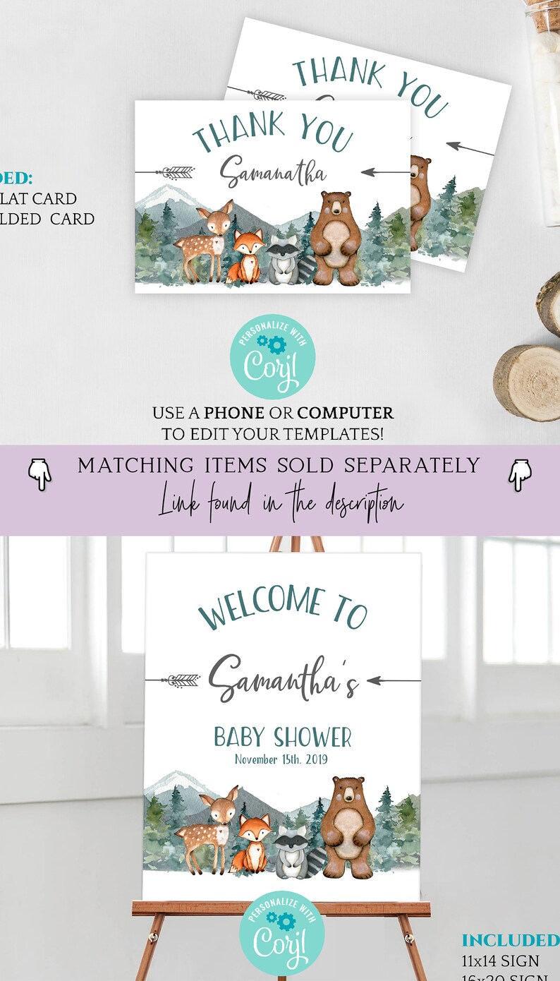 Puede incluir: Un cartel de bienvenida para un baby shower con tem&aacute;tica de bosque. El cartel presenta una ilustraci&oacute;n de acuarela de un ciervo, un zorro, un mapache y un oso frente a una cordillera. El texto dice "Bienvenido a la fiesta de bienvenida al beb&eacute; de Samantha el 15 de noviembre de 2019".