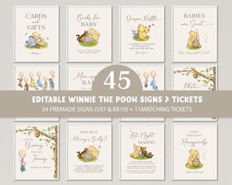 Classic Winnie the Pooh Baby Shower Signs Bundle Decorations Editable Vintage Pooh Bear Table Decor Games Tickets Printable Template DLPB172