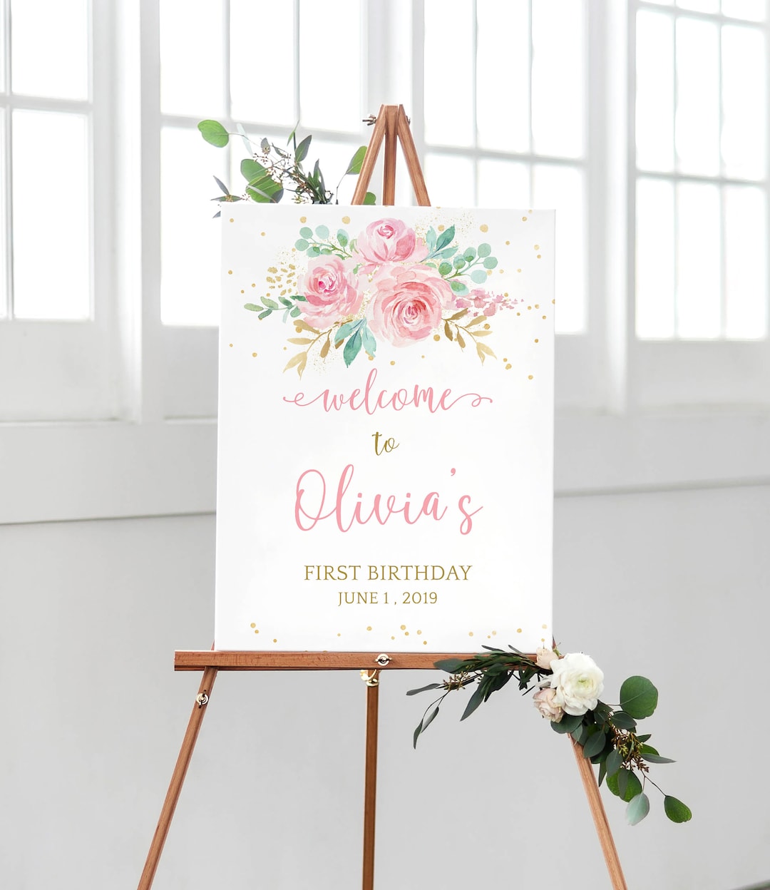 Editable 1st Birthday Party Welcome Sign Template, Printable Floral Pink and Gold First Birthday Welcome Poster DLPB12 - Etsy