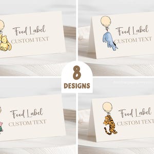 Segnaposto Winnie the Pooh, Etichette per alimenti classiche modificabili dell'orso Pooh, Cartellini con i nomi dei tavoli, Decorazione neutra di genere stampabile per tenda DLPB166