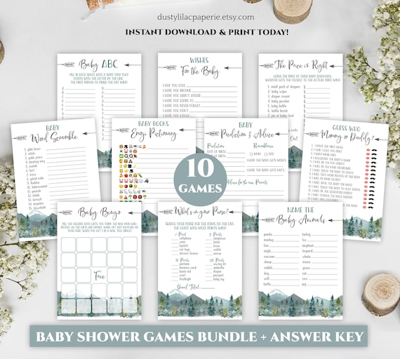 adventure awaits baby shower game bundle set, forest shower game pack, gender neutral rustic printable package, outdoor mountain DLPB34