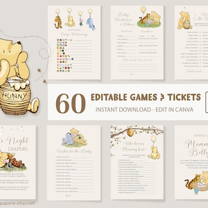 Klassieke bundel Winnie de Poeh-babyshowergames, bewerkbaar genderneutraal Pooh Bear-spelpakket Vintage Winnie Friends-kaartsjabloon DLPB166