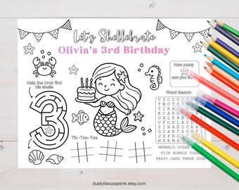 Página para colorir editável de sereia para aniversário de 3 anos, jogo americano para mesa de aniversário com tema "Fundo do Mar" para menina, folha de atividades personalizada para lembrancinhas de festa.