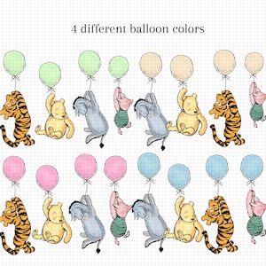 Puede incluir: Ilustraci&oacute;n de Winnie de Pooh, Piglet, Eeyore y Tigger sujetando globos de cuatro colores diferentes: verde, beige, rosa y azul. El texto "4 colores de globos diferentes" est&aacute; en la parte superior de la imagen.
