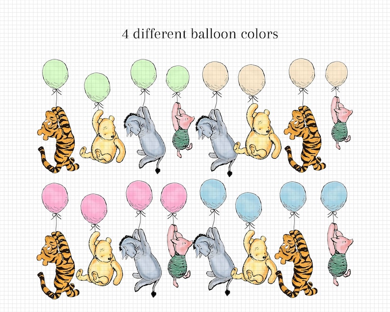 Puede incluir: Ilustraci&oacute;n de Winnie de Pooh, Piglet, Eeyore y Tigger sujetando globos de cuatro colores diferentes: verde, beige, rosa y azul. El texto "4 colores de globos diferentes" est&aacute; en la parte superior de la imagen.