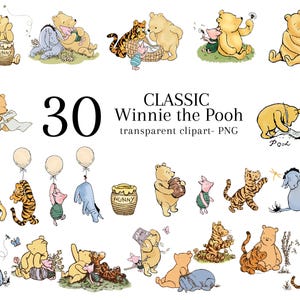 Classic Winnie the Pooh and Friends Clipart, Digital 30 Bundle Clip Art Transparent PNG Gender Neutral Baby Shower Birthday Invitation Decor