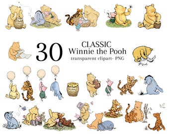 Klassische Winnie Puuh und Freunde Clipart, Digital 30 Bundle Clip Art Transparent PNG Gender Neutral Baby Shower Einladung Dekor