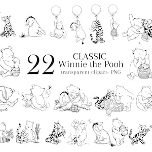 Classic Winnie the Pooh and Friends Clipart, Black and White 22 Bundle Clip Art Transparent PNG, Baby Shower Birthday Invite Nursery Decor