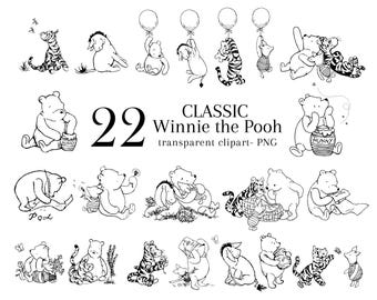 Klassische Winnie the Pooh und Freunde Clipart, schwarz und weiß 22 Bundle Clip Art transparente PNG, Baby Shower Geburtstag einladen Kinderzimmer Dekor