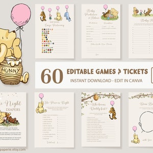 Lot classique de jeux de baby shower Winnie l'ourson, modèle de carte vintage amis Winnie modèle DLPB166 modifiable pour bébé fille rose ourson