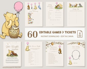 Klassisches Winnie the Pooh Babypartyspiele Bundle, bearbeitbares rosa Baby Girl Pooh Bear Game Pack Vintage Winnie Friends Kartenvorlage DLPB166