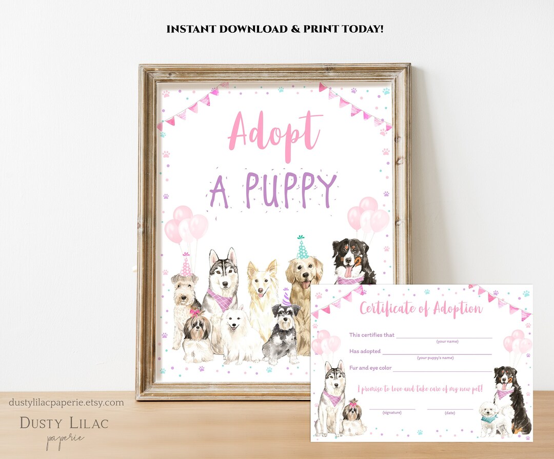 Adopt a Puppy Birthday Table Sign, Pet Adoption Certificate, Dog Girl ...