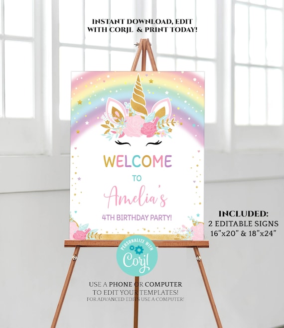 Unicorn Party Package, Printable Watercolor Unicorn Party Decorations,  Unicorn Birthday Party Decor, Editable INSTANT DOWNLOAD -  Israel