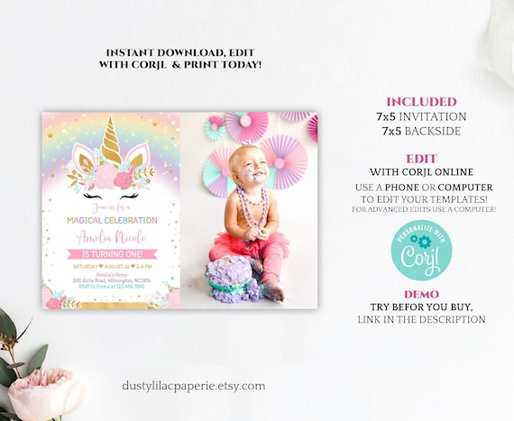 magical celebration DLPB25 editable unicorn birthday invitation template rainbow gold floral unicorn face girl birthday party invite magical celebration DLPB25 editable unicorn birthday invitation template rainbow gold floral unicorn face girl birthday party invite