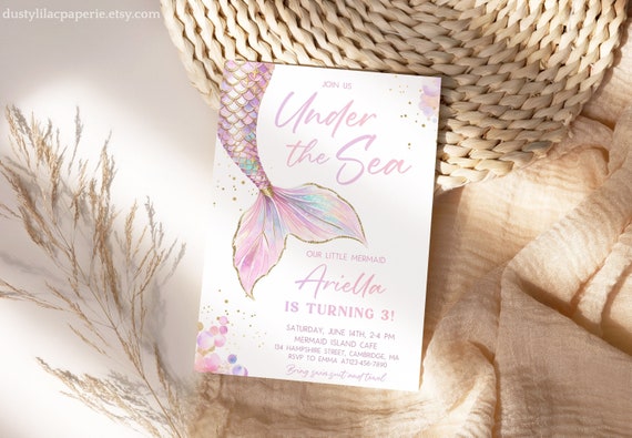 Under The Sea Mermaid Birthday Invitation Editable Pink Purple Girl 3rd Little Mermaid Tail Party Invite Digital Printable Template DLPB159