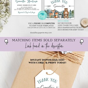 Puede incluir: Un conjunto de invitaciones y tarjetas de agradecimiento para baby shower imprimibles con un tema de bosque con un oso, un zorro, un mapache y un ciervo. El texto de la invitaci&oacute;n dice "La aventura te espera" e incluye el nombre Samantha Henderson. La tarjeta de agradecimiento dice "Gracias Samantha's Baby Shower".