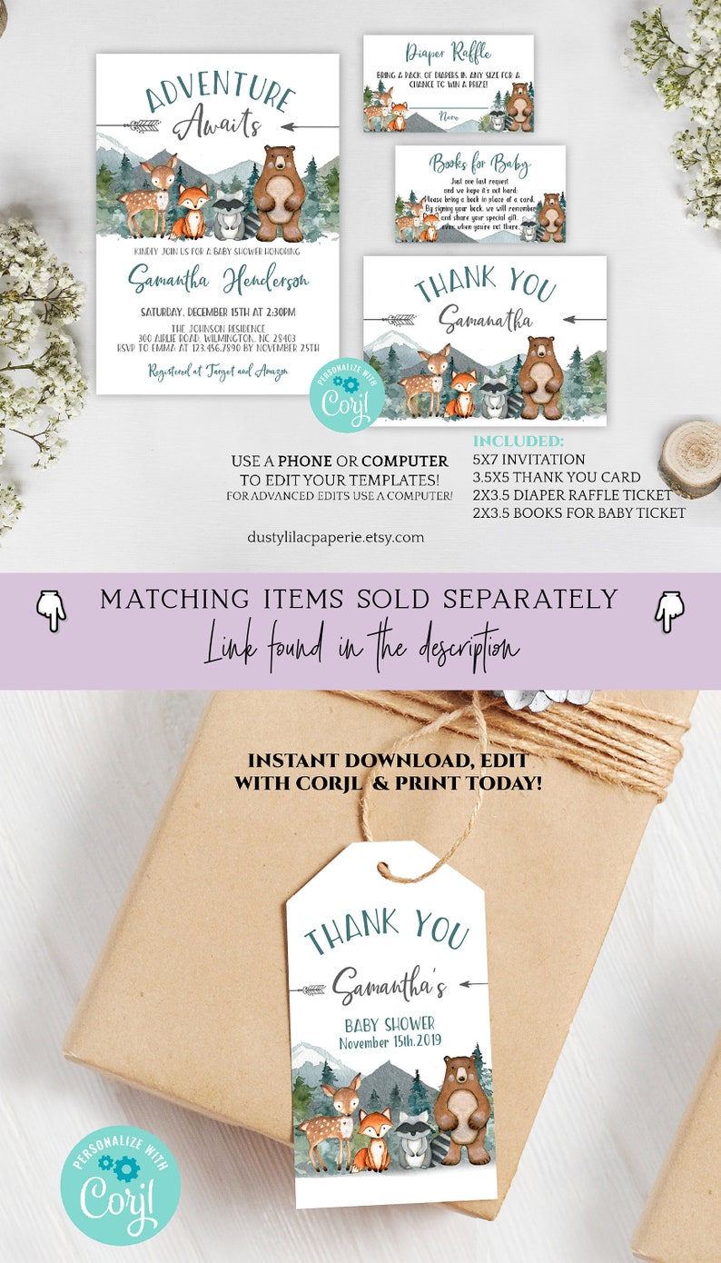 Puede incluir: Un conjunto de invitaciones y tarjetas de agradecimiento para baby shower imprimibles con un tema de bosque con un oso, un zorro, un mapache y un ciervo. El texto de la invitaci&oacute;n dice "La aventura te espera" e incluye el nombre Samantha Henderson. La tarjeta de agradecimiento dice "Gracias Samantha's Baby Shower".