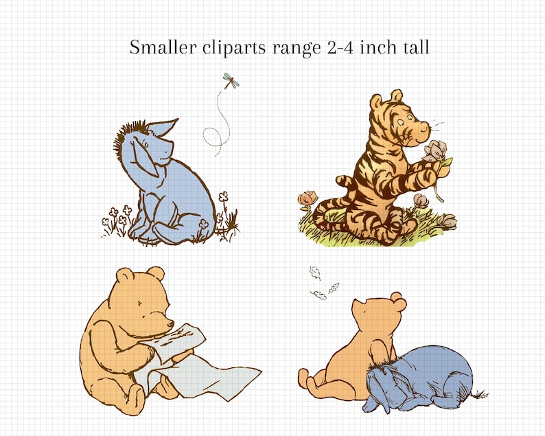 Puede incluir: Cuatro personajes de Winnie de Pooh est&aacute;n ilustrados en un estilo de dibujos animados. Los personajes son Eeyore el burro, Tigger el tigre, Winnie de Pooh y Piglet. Los personajes est&aacute;n todos sentados y est&aacute;n rodeados de flores y hojas.