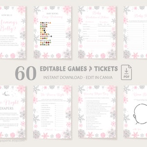 Winter-Rosa-Silber-Babyparty-Spielpaket, Baby-Winterwunderland-Schneeflocke-Spielpaket, bearbeitbares Canva-Vorlagenticketpaket DLPB169
