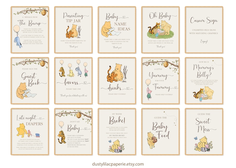 Pu&ograve; includere: Un set di 12 cartelli stampabili per una festa di baby shower a tema Winnie the Pooh. I cartelli presentano Winnie the Pooh e Piglet e includono testo come "The Bump", "Late Night Diapers", "Don't Say Baby", "My Water Broke", "Guess the Baby Food", "Guess the Sweet Mess", "A Little Yummy for Your Tummy", "How Big is Mommy's Belly?", "Parenting Tip Jar", "Baby Name Ideas", "Oh Baby", "Custom Sign", "Guest Book", "Favors", "Drinks".