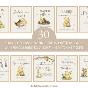 Classico Winnie the Pooh Baby Shower Signs Bundle Decorazioni Modificabili Vintage Pooh Bear Decorazione da tavolo Giochi Biglietti Modello stampabile DLPB166