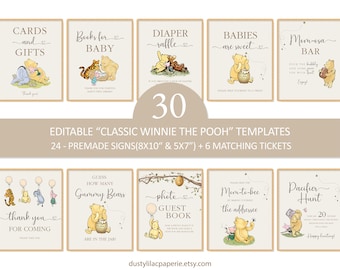 Classic Winnie the Pooh Baby Shower Signs Bundle Decorations Editable Vintage Pooh Bear Table Decor Games Tickets Printable Template DLPB166
