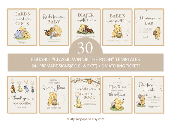 Classic Winnie the Pooh Baby Shower Signs Bundle Decorations Editable Vintage Pooh Bear Table Decor Games Tickets Printable Template DLPB166