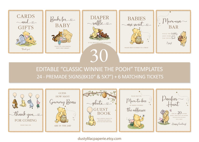 Pu&ograve; includere: Un set di 30 cartelli per baby shower di Winnie the Pooh stampabili in stile classico. I cartelli sono di vari colori e presentano Winnie the Pooh e i suoi amici. I cartelli misurano 20,3 x 25,4 cm e 12,7 x 17,8 cm e includono 6 biglietti abbinati.