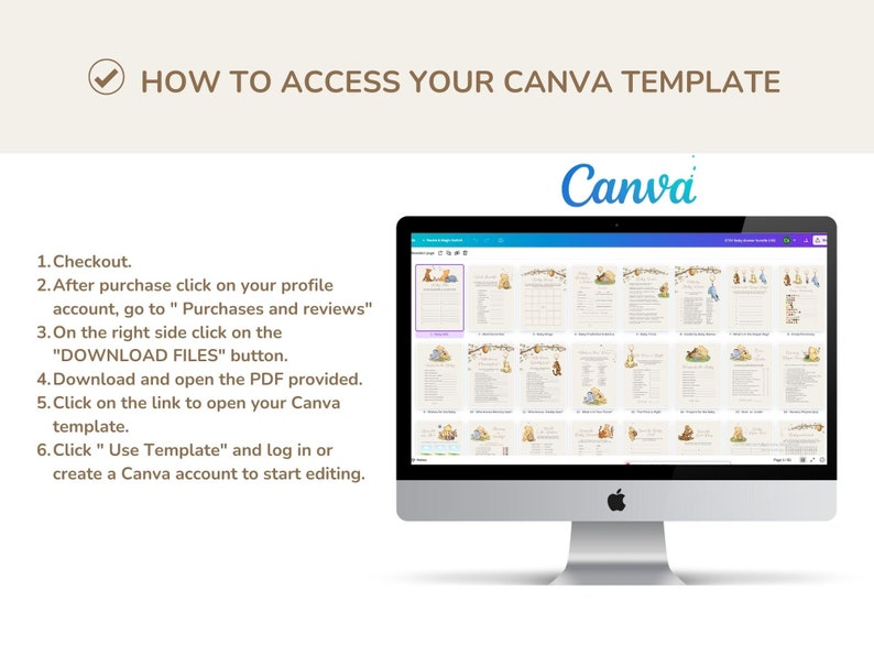 Pu&ograve; includere: Uno schermo di computer che mostra un modello Canva con il testo "HOW TO ACCESS YOUR CANVA TEMPLATE" e istruzioni su come accedere al modello. Il logo Canva &egrave; visibile nell'angolo in alto a destra dello schermo.
