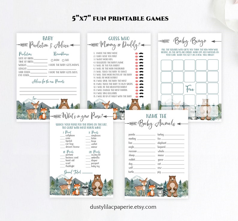 Puede incluir: Juegos de baby shower imprimibles con tem&aacute;tica de bosque. Los juegos incluyen "Baby Bingo", "Adivina qui&eacute;n: &iquest;Mam&aacute; o Pap&aacute;?", "&iquest;Qu&eacute; hay en tu bolso?", "Nombra a los animales beb&eacute;s" y "Predicci&oacute;n y consejos para beb&eacute;s". Los juegos presentan un esquema de color azul y verde con ilustraciones de un oso, un zorro, un ciervo y un mapache.
