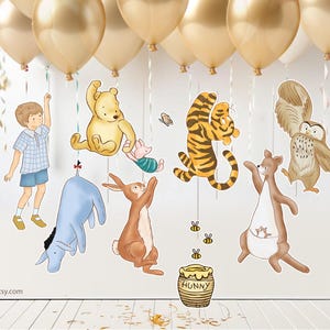Classic Winnie the Pooh and Friends Holding Balloons Cutout, Printable Baby Shower Birthday Party DIY Centerpiece Decor Cut Prop Two Sides
