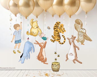 Recorte clásico de Winnie the Pooh y sus amigos sosteniendo globos, imprimible, para baby shower, fiesta de cumpleaños, bricolaje, decoración de centro de mesa, accesorio cortado de dos lados