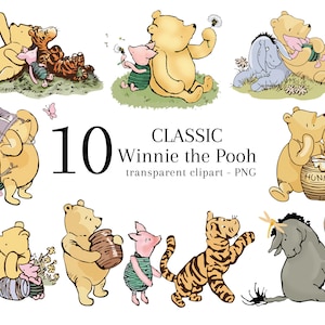 Clipart clásico de Winnie the Pooh y sus amigos, paquete de 10 imágenes prediseñadas digitales, PNG transparente, decoración para fiesta de baby shower, invitación de cumpleaños