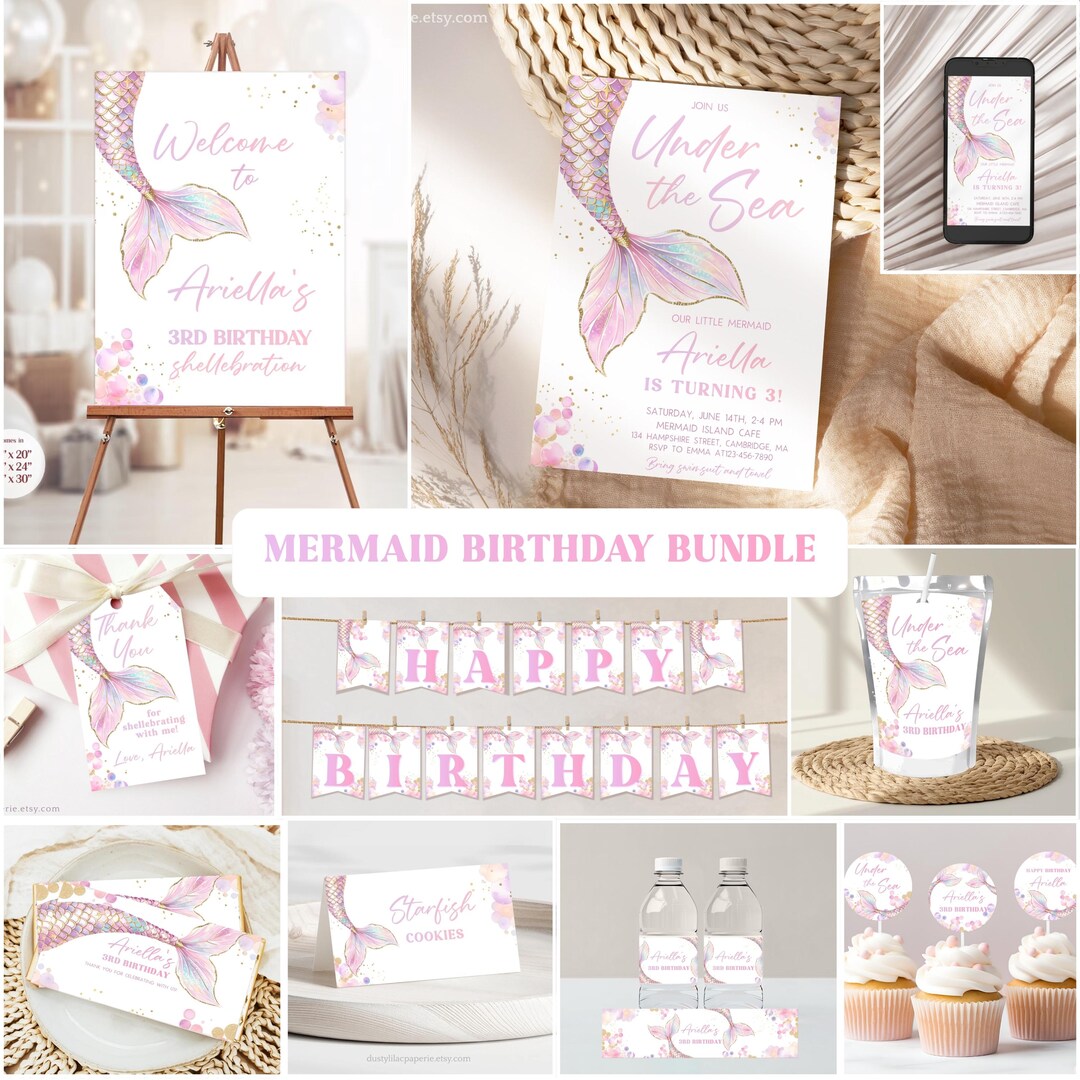 Under the Sea Mermaid Birthday Invite Bundle, Editable Pink Purple Tail ...
