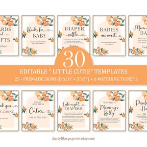 May include: A set of 10 printable baby shower signs with an orange theme. Each sign has a watercolor illustration of oranges and leaves. The signs include text such as "Cards and Gifts" and "Books for Baby".