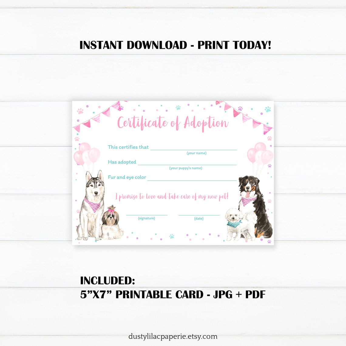 Adopt a Puppy Birthday Table Sign, Pet Adoption Certificate, Dog Girl ...