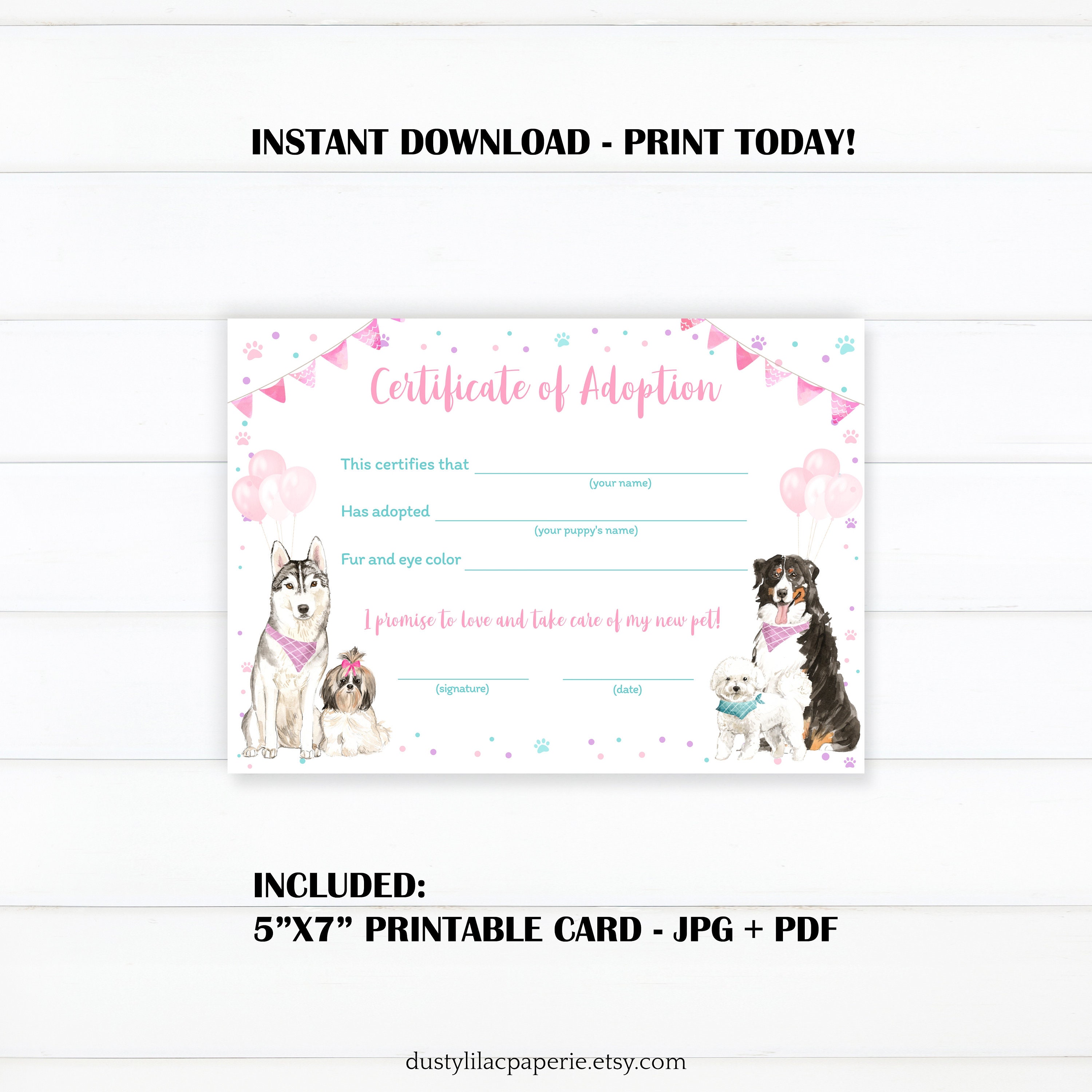 Adopt a Puppy Birthday Table Sign, Pet Adoption Certificate, Dog Girl ...